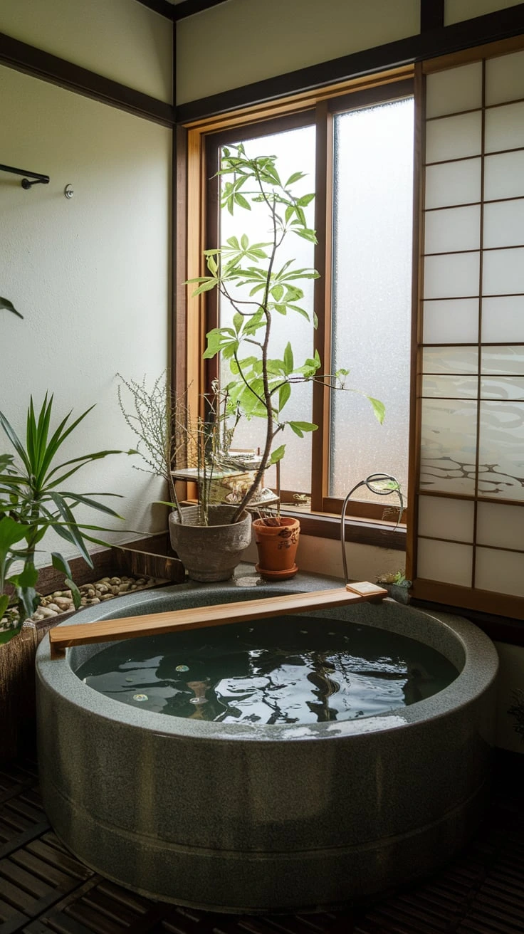 Japanese ofuro deep soaking tub, compact bathtub, relaxation, space-saving, window view, zen bathroom