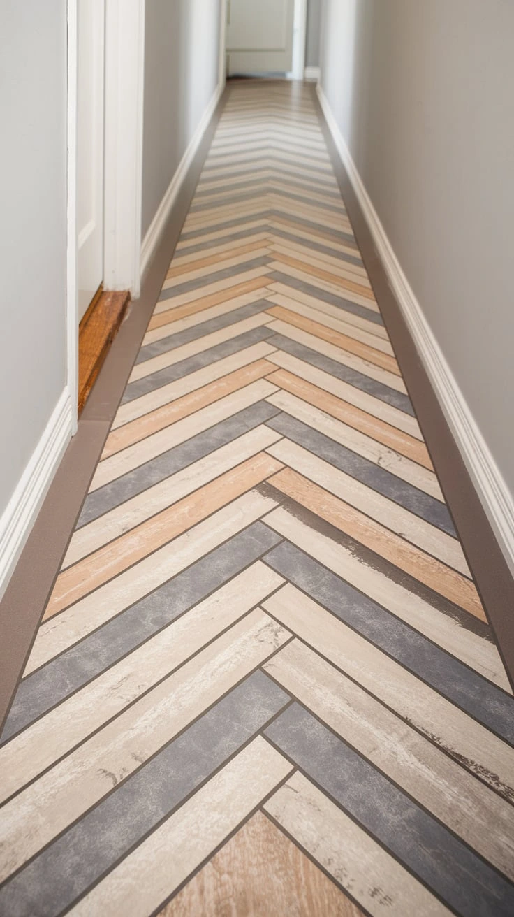 Diagonal installation flooring, dynamic look, visual interest, modern, spacious feel, unique, stylish, hallway, home design, interior angles