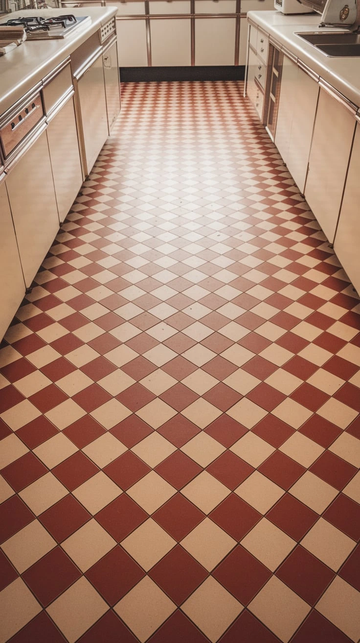 Diner-style red and white floor, retro kitchen design, 1950s inspired, bold color scheme, nostalgic ambiance, easy-to-clean surface, vintage charm, classic look, checkered pattern, American diner aesthetic