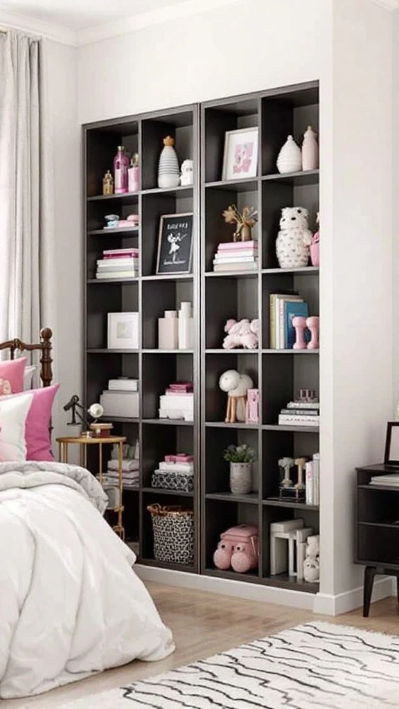 Dual-purpose dividers, room partitions, storage solutions, girl's bedroom organization, space-saving furniture, multi-functional pieces, small room zoning, creative storage, display areas, efficient design