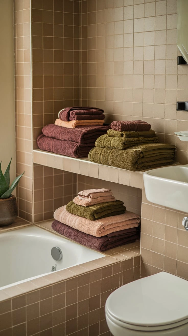 Earth tone towels, natural color bath linens, organic bathroom textiles, warm-colored towels, rustic bathroom fabrics, earthy color palette, soft neutral tones, practical bathroom decor, cozy bath accessories, nature-inspired towel colors