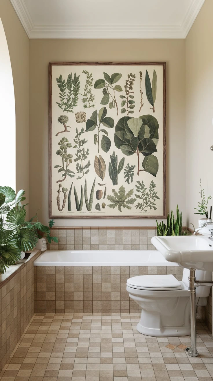 Earthy artwork, nature-inspired wall decor, organic bathroom art, landscape prints, botanical bathroom posters, earth tone paintings, rustic wall hangings, natural color palette art, serene bathroom accents, biophilic design elements