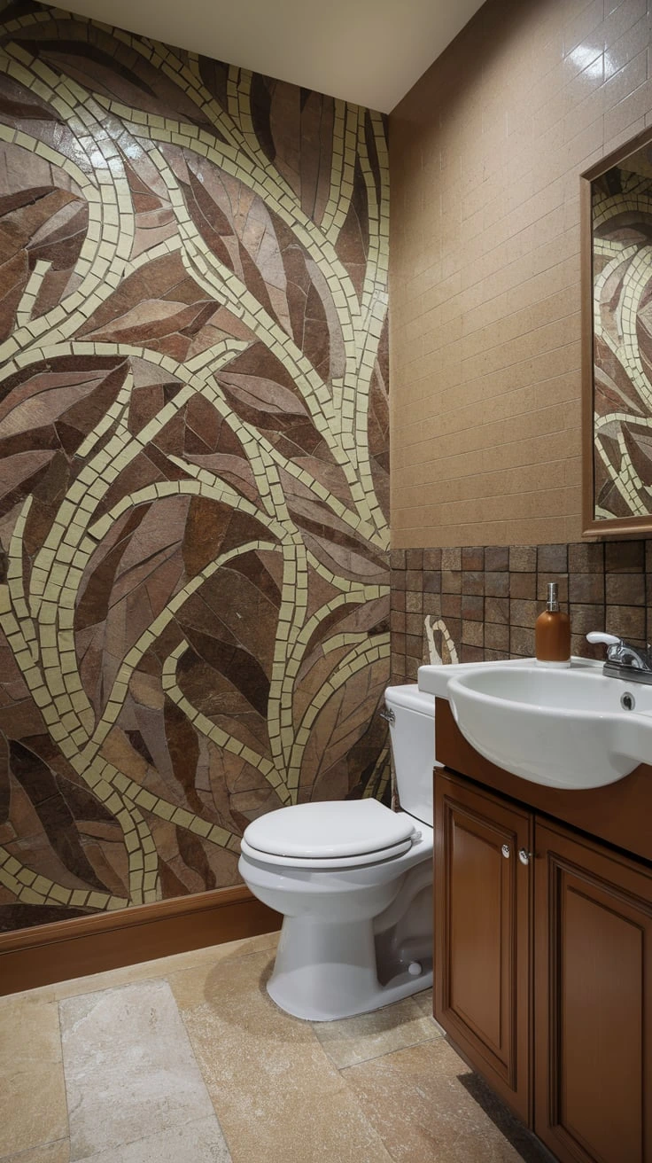 Earthy mosaic tiles, natural color tile pattern, textured bathroom wall, organic design elements, mixed earth tone tiles, artistic bathroom feature, nature-inspired tilework, warm color palette, rustic wall accent, unique bathroom decor