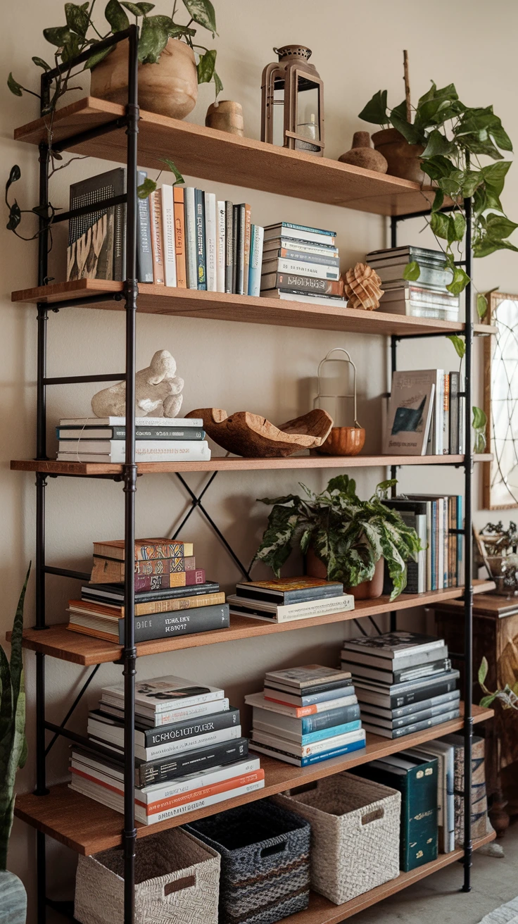 Eclectic bookshelf rustic books plants unique finds boho-inspired arrangement