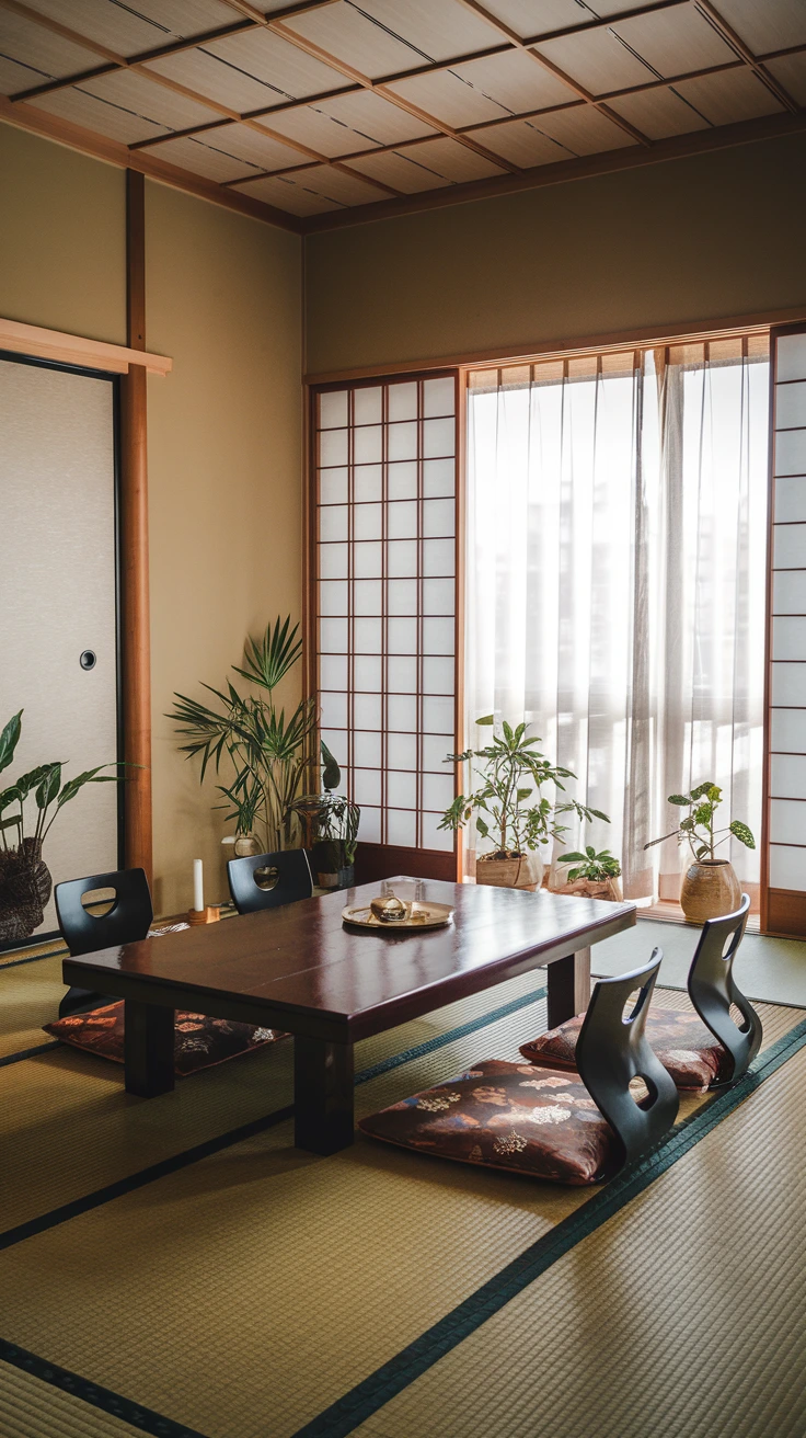 Japanese dining room, natural light, shoji screens, minimalist decor, zen atmosphere, open space, tranquil setting, wood elements, simplicity, harmonious design