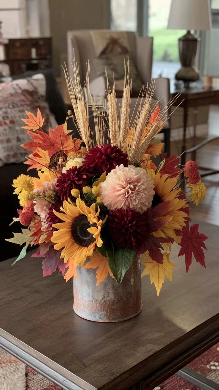 Faux flowers fall bouquet sunflowers dahlias chrysanthemums maple leaves wheat