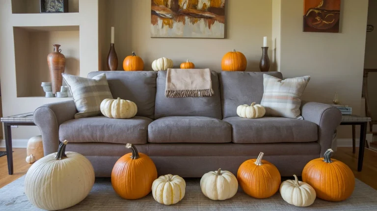 fall decor grey couch, autumn living room ideas, cozy fall accents, grey sofa with fall decor, warm tones with grey couch, seasonal decor for grey couch, fall throw pillows