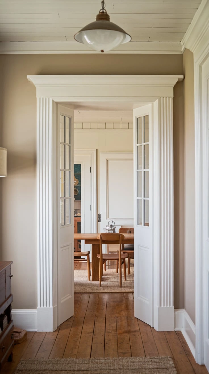 Chunky door trim, rustic molding, farmhouse architectural detail, white painted woodwork