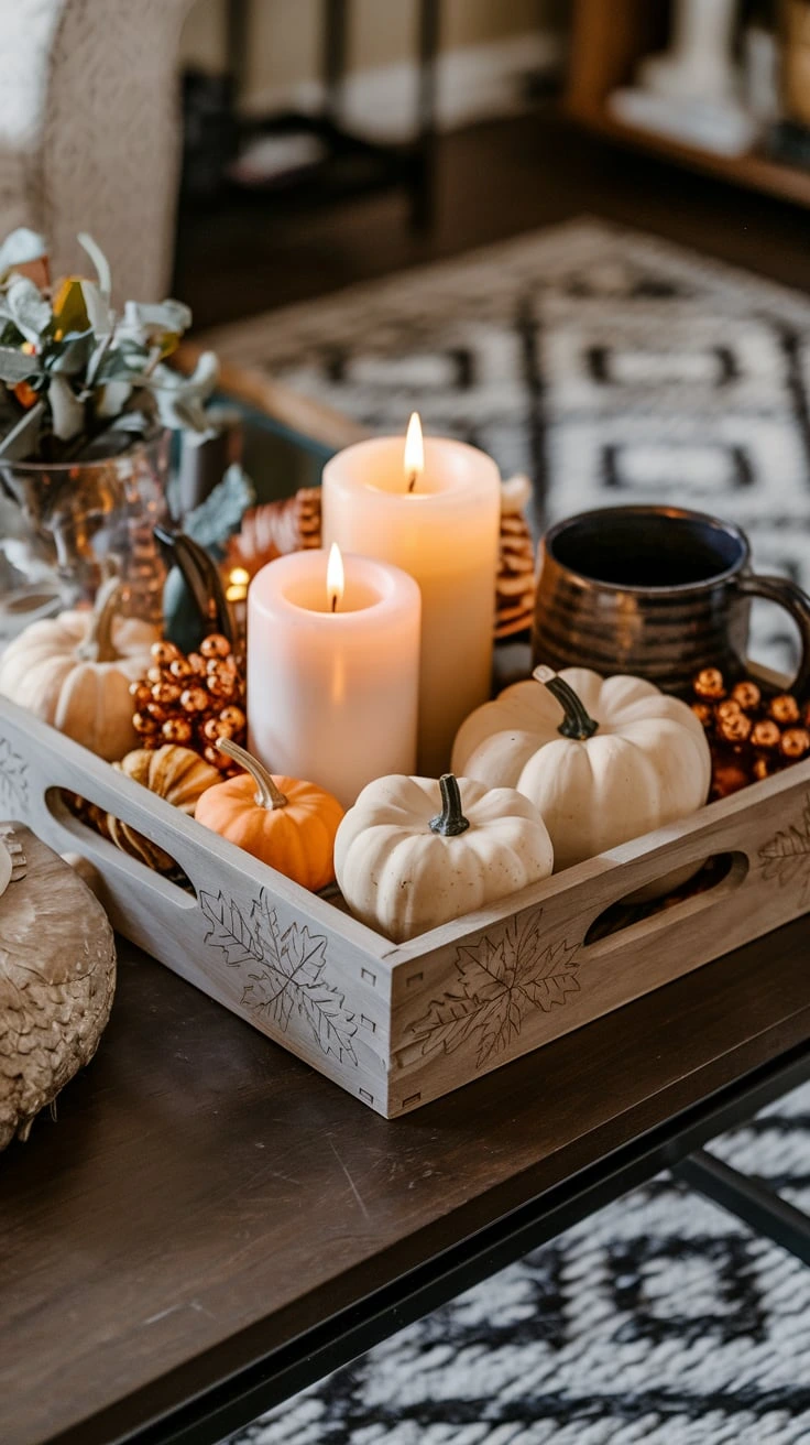 Fall serving tray wooden leaf engraving copper bronze candles pumpkins cider