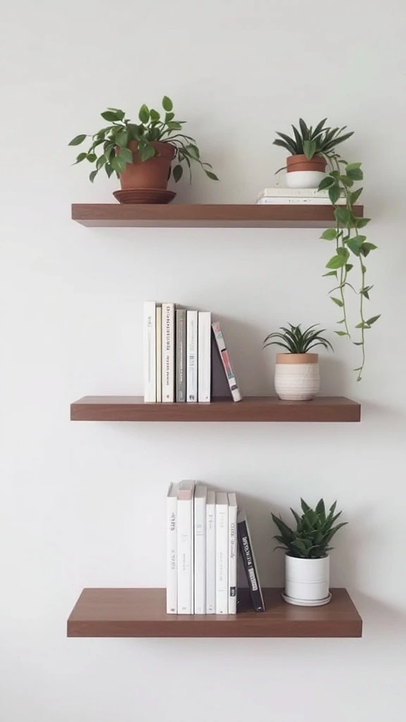 Wall-mounted shelves, minimalist storage, open shelving, decorative display, space-saving solution, organized small room, vertical storage, clean aesthetic, functional wall decor, modern shelf design