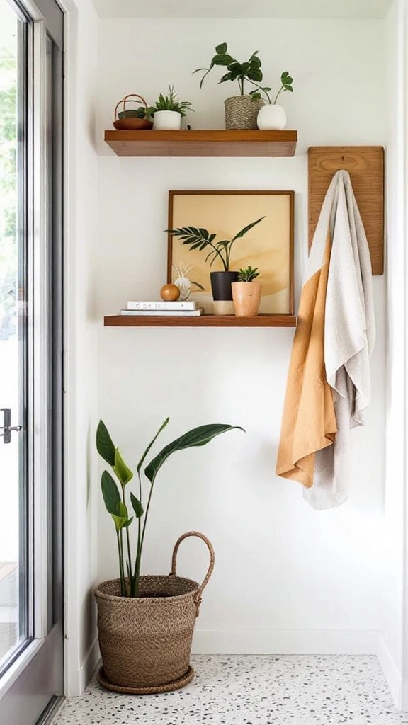 Floating shelves, mid-century modern storage, minimalist design, wall-mounted display, retro decor, hallway organization, clean lines, vintage style, functional art, plant shelf