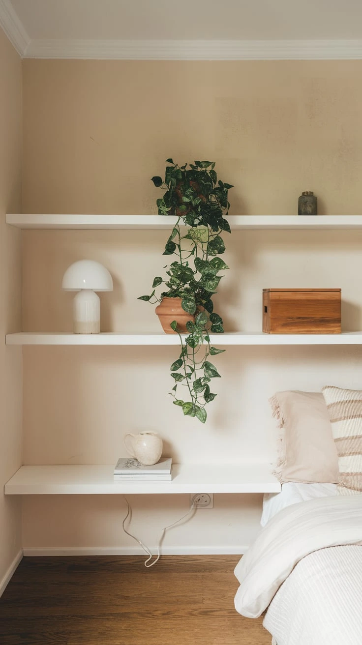 Floating wall shelves, minimalist storage, boho bedroom organization, display space