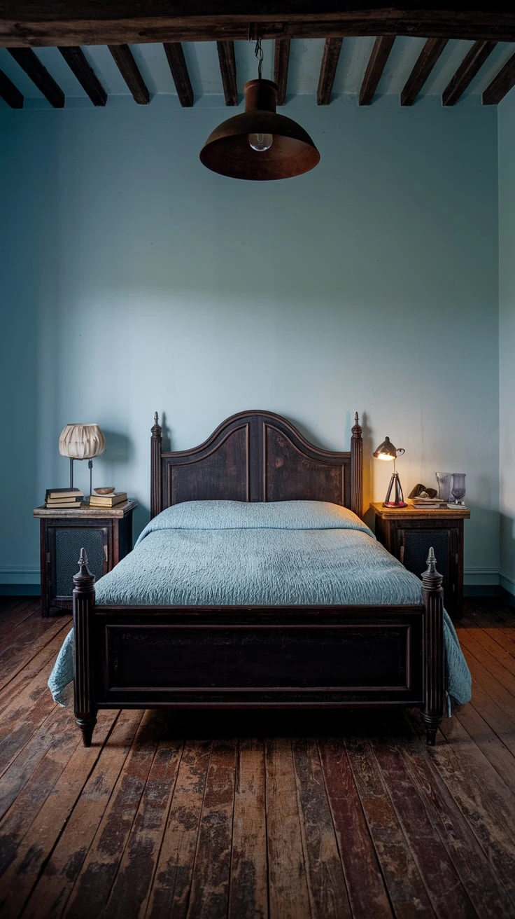 Dark rustic bedroom with weathered wood floors, vintage furniture, cozy textures, moody lighting, farmhouse charm, warm tones, intimate atmosphere, contrast decor, natural elements, rustic aesthetic