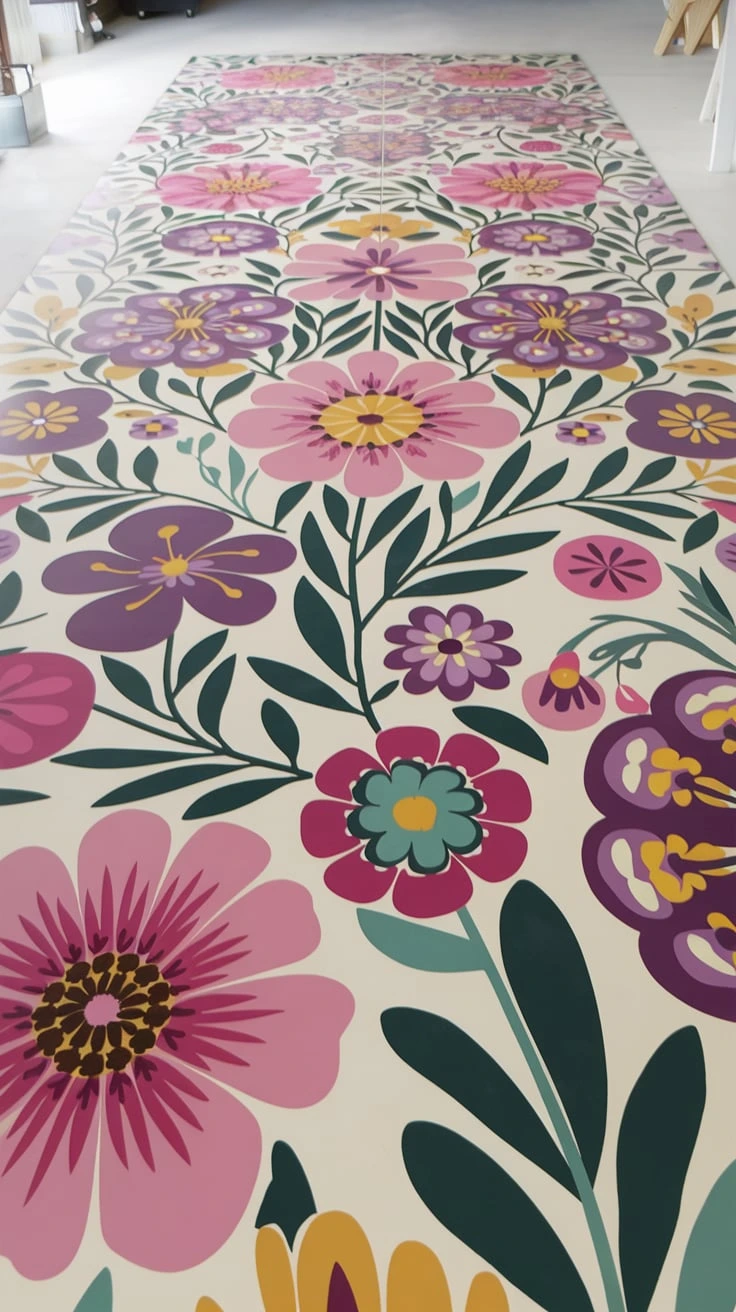 Floral print flooring, botanical design, nature-inspired, colorful, feminine, vintage, romantic, kitchen, home decor, interior trends