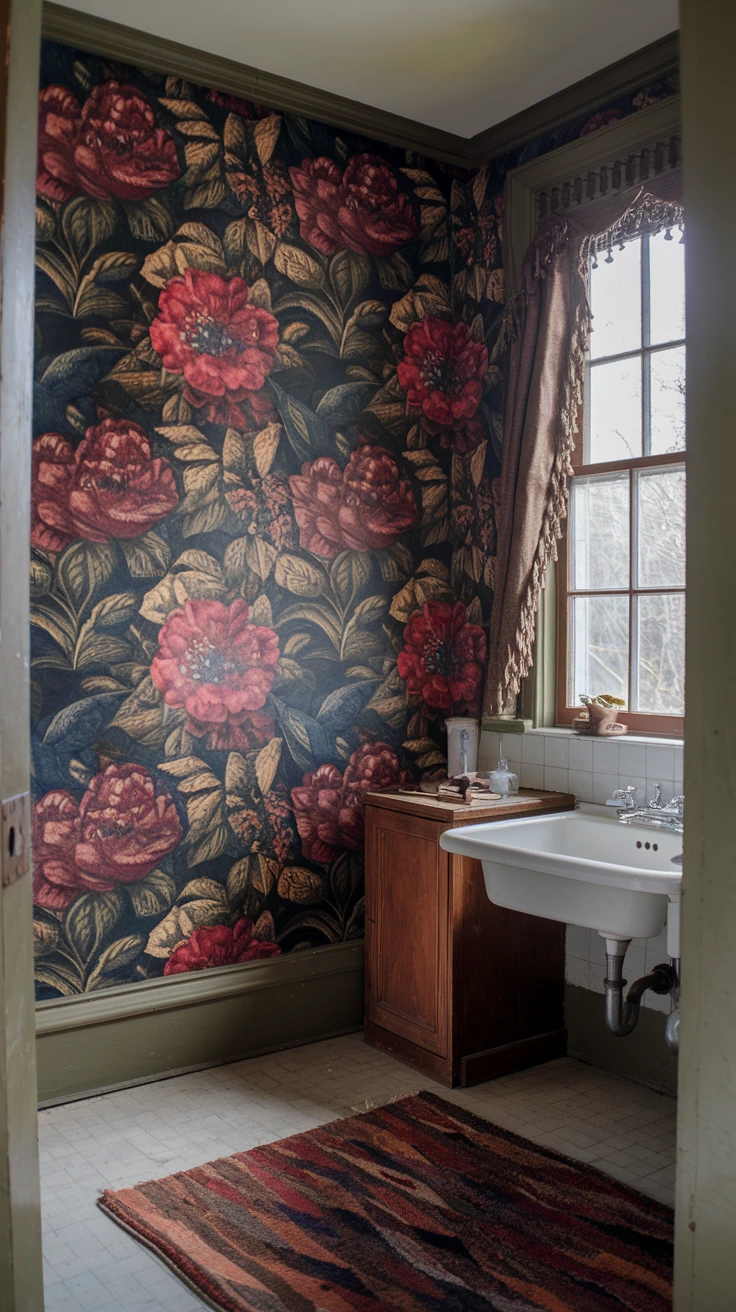 Victorian floral wallpaper, vintage bathroom decor, bold flower patterns, period wall covering, antique-style interior design, ornate botanical prints, classic bathroom walls, elegant floral motifs, historical home decor, romantic bathroom ambiance