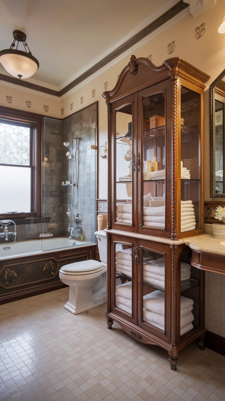 Freestanding bathroom cabinet, Victorian storage solutions, vintage-inspired furniture, luxury bathroom organization, period-appropriate display, elegant glass-front cabinets, antique-style storage, classic bathroom decor, functional elegance, historical accuracy