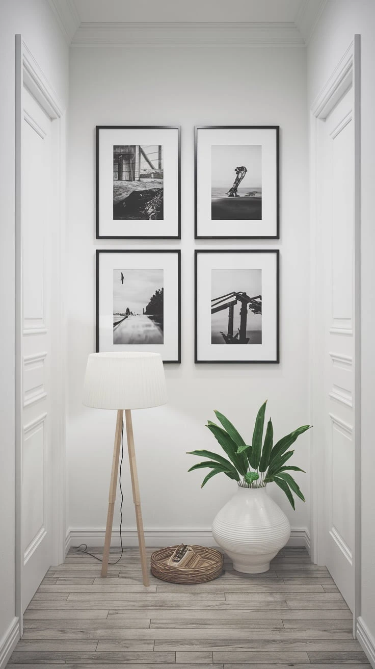 Black and white photo gallery, Scandinavian wall art, minimalist picture frames, Nordic hallway decor, personal touch, curated image display, monochrome artwork