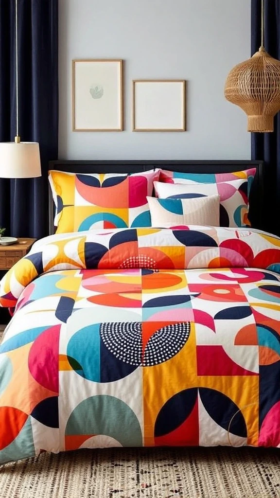 Geometric pattern bedding, retro duvet cover, bold shapes, vintage bedroom, colorful comforter, 60s inspired, graphic print, mod style, eye-catching bedspread, funky bedding