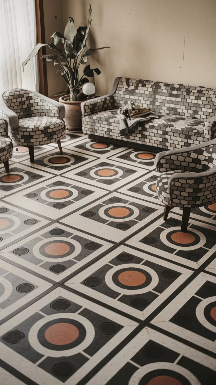 Geometric linoleum patterns, bold designs, eco-friendly flooring, 70s-inspired, modern interiors, diverse patterns, retro aesthetic