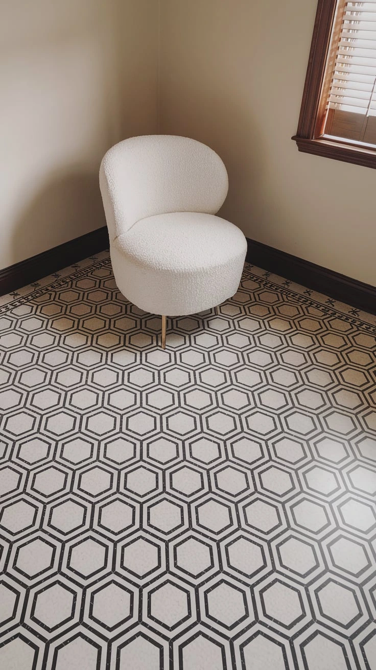 Geometric pattern flooring, modern design, bold shapes, contemporary, abstract, artistic, statement piece, office, home renovation, interior aesthetics