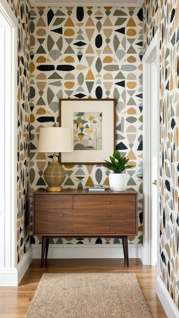 Geometric wallpaper, mid-century modern pattern, retro design, bold shapes, muted colors, accent wall, vintage style, hallway decor, abstract print, statement wallcovering