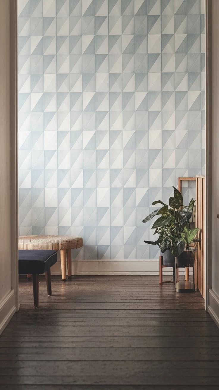 Subtle geometric wallpaper, Scandinavian wall design, Nordic-inspired patterns, modern hallway decor, minimalist wall covering, soft color palette, contemporary interior