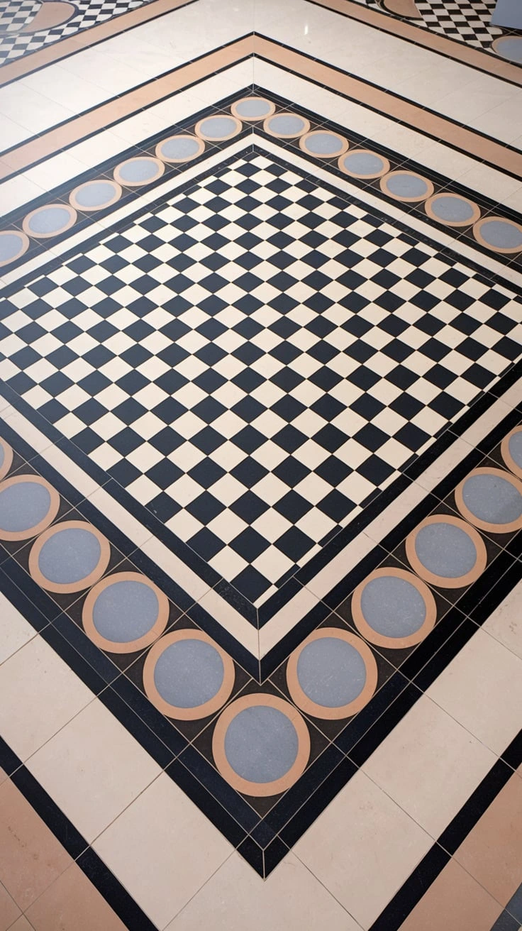 Geometric flooring, bold patterns, visual separation, open space design, walkway definition, contrasting materials, tile layouts, inlay designs, modern zoning