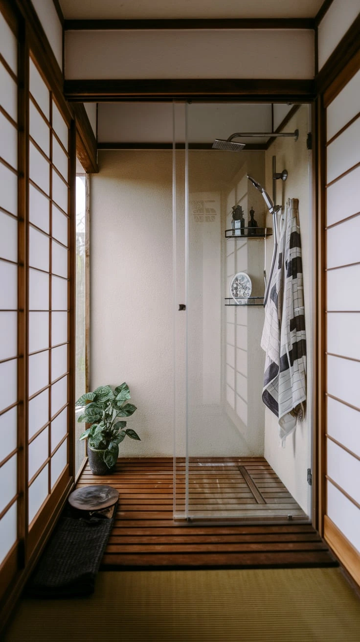 Clear glass shower enclosure, space-enhancing, Japanese design, minimalist, etched pattern, transparency