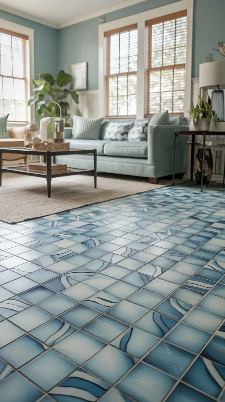 Glass tiles living room flooring unique luminous reflective spacious bright customizable luxurious