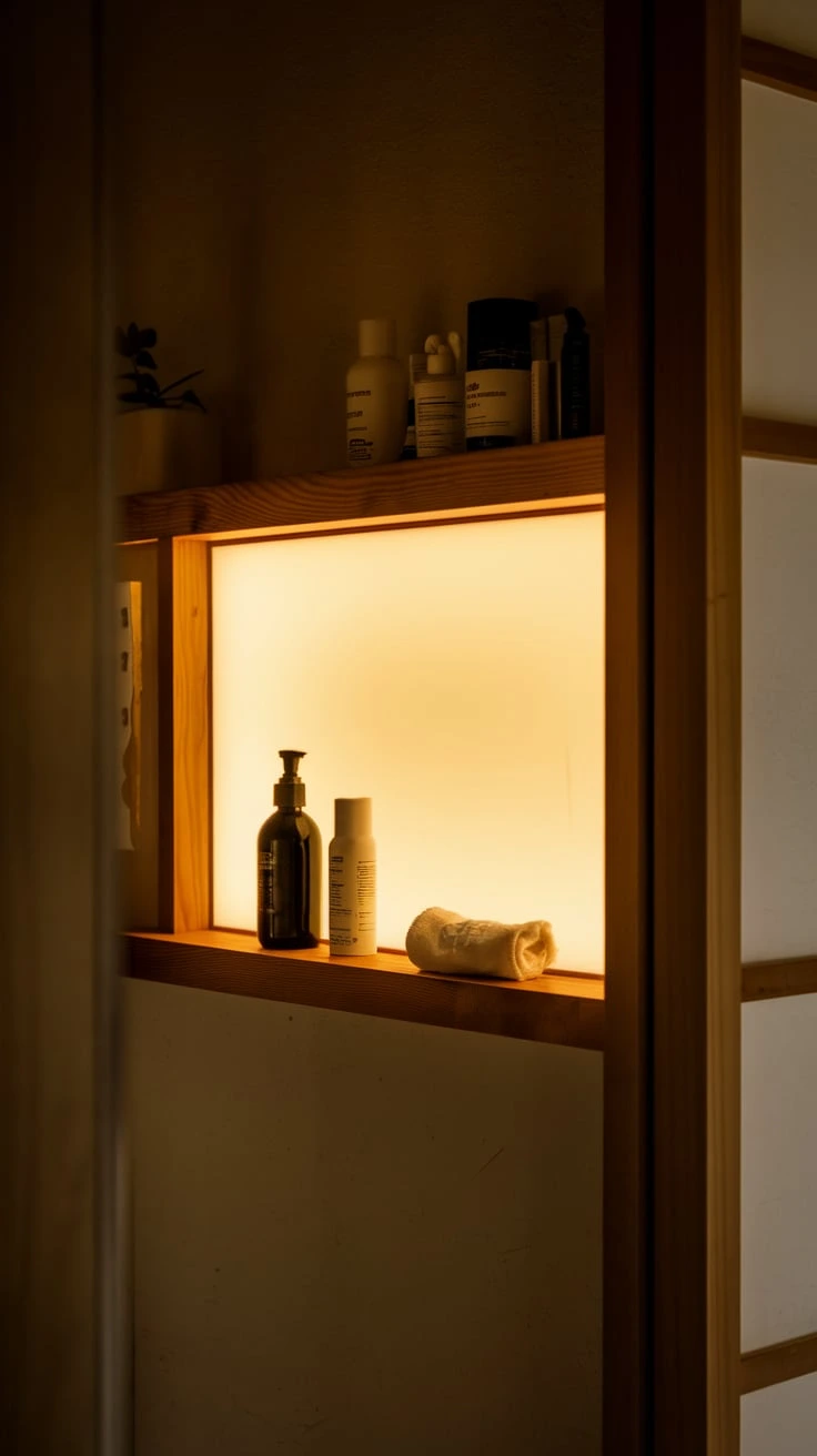 Backlit bathroom shelves, ambient lighting, Japanese-inspired decor, storage solution, modern design