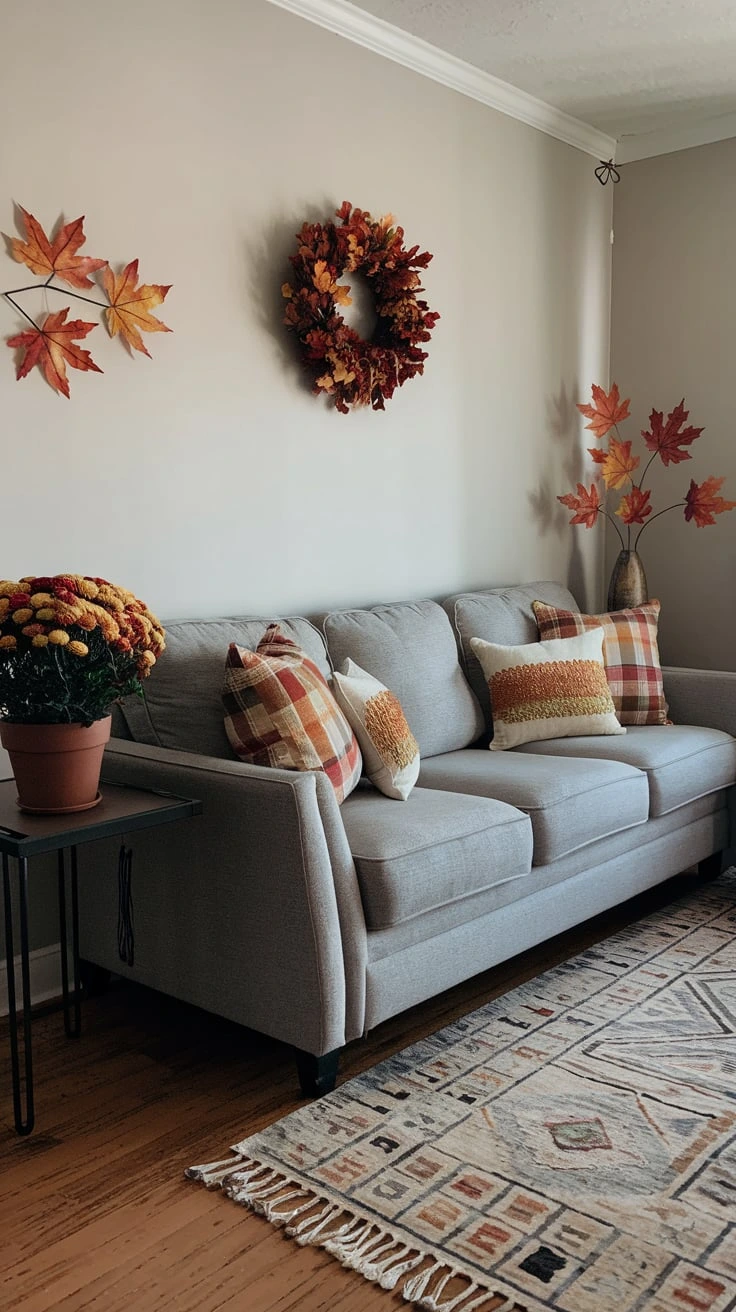 Grey couch with autumn plants, fall foliage, seasonal greenery, indoor garden, natural decor, living room style, organic elements, colorful accents, cozy atmosphere, botanical touches