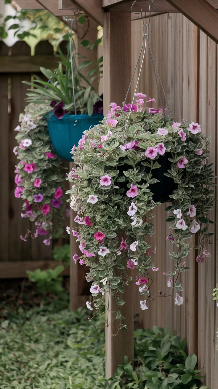 Hanging baskets, trailing plants, suspended garden, overhead planting, flower baskets, vertical garden element, cascading flowers, space-saving garden, colorful display, aerial garden