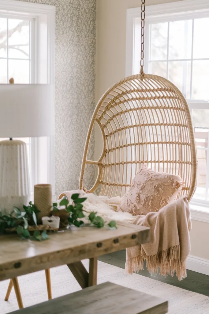 Suspended seating, cozy nook, natural materials, bohemian accent, relaxation spot, woven furniture, unique dining room feature, casual seating, tropical vibes, statement piece