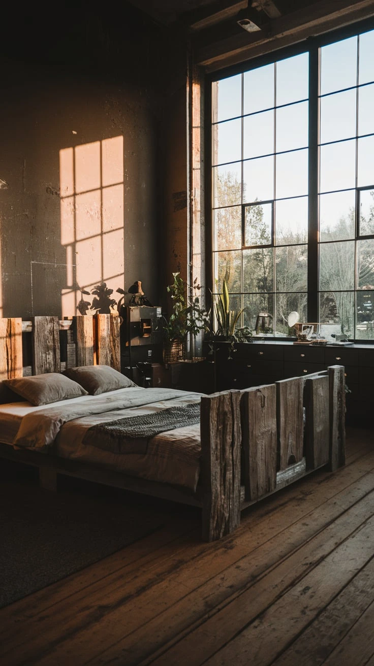 Rustic bedroom with reclaimed barn wood headboard, vintage industrial lighting, brick walls, cozy bedding, weathered textures, warm tones, farmhouse charm, repurposed materials, contrast colors, statement lighting