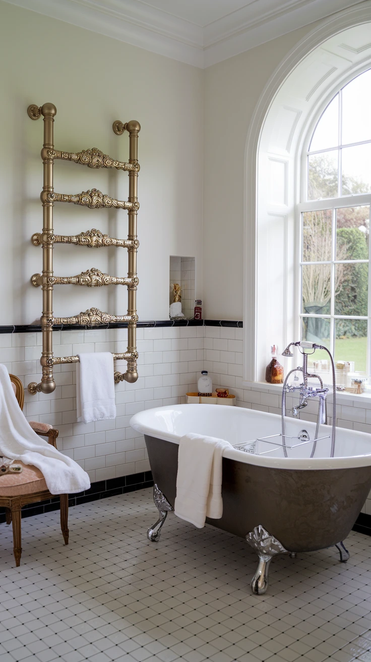 Heated towel rails, Victorian-style radiators, luxury bathroom heating, vintage-inspired fixtures, period-appropriate warmth, elegant towel storage, functional bathroom decor, antique-look heaters, comfort meets style, classic bathroom amenities