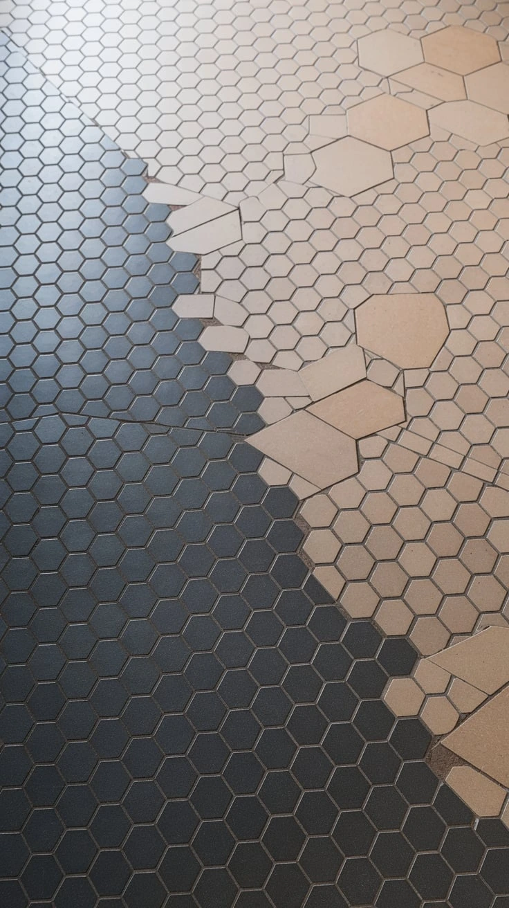 Hexagonal tiles, geometric flooring, organic transitions, entryway design, color gradient, size variation, visual impact, modern tiling, unique patterns