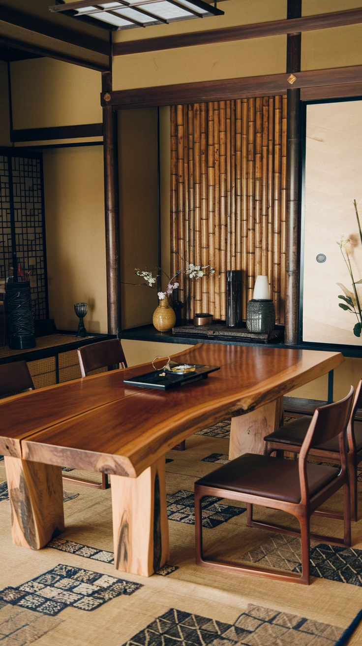 Wooden furniture, bamboo accents, natural textures, sustainable materials, Japanese craftsmanship, organic elements, eco-friendly design, rustic charm, warm tones, authentic Japanese style