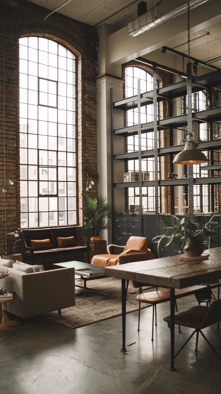 Industrial style interior with exposed pipes, metal accents, rustic wood, urban loft feel, warehouse aesthetic, raw materials, vintage elements, high ceilings, open space, eclectic mix