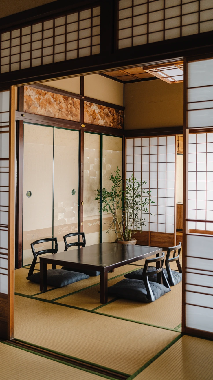 Shoji screens, sliding doors, room dividers, traditional Japanese architecture, flexible space, translucent partitions, space-saving design, natural light diffusion, authentic Japanese elements, functional aesthetics