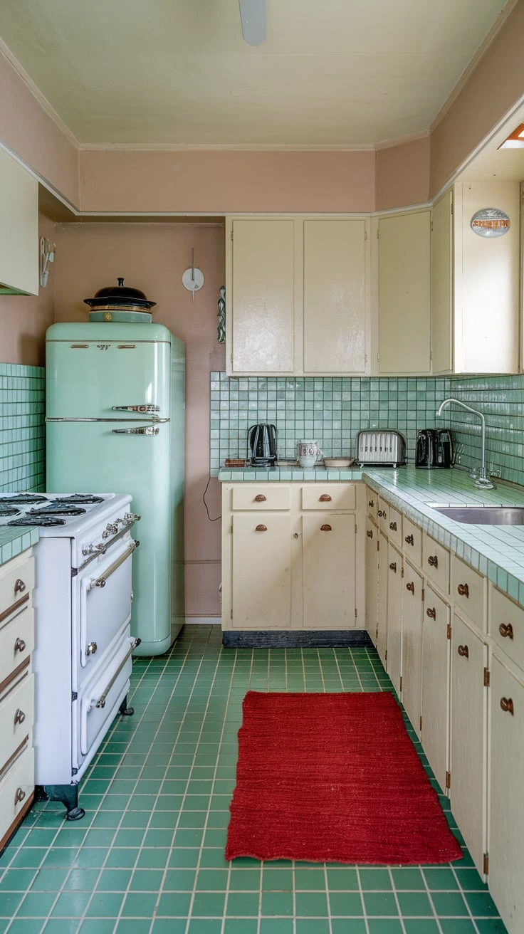 Jadeite green tiles, retro kitchen floor, 1950s color palette, vintage-inspired design, durable ceramic, easy-to-clean surface, calming hue, mid-century modern style, timeless appeal, statement flooring