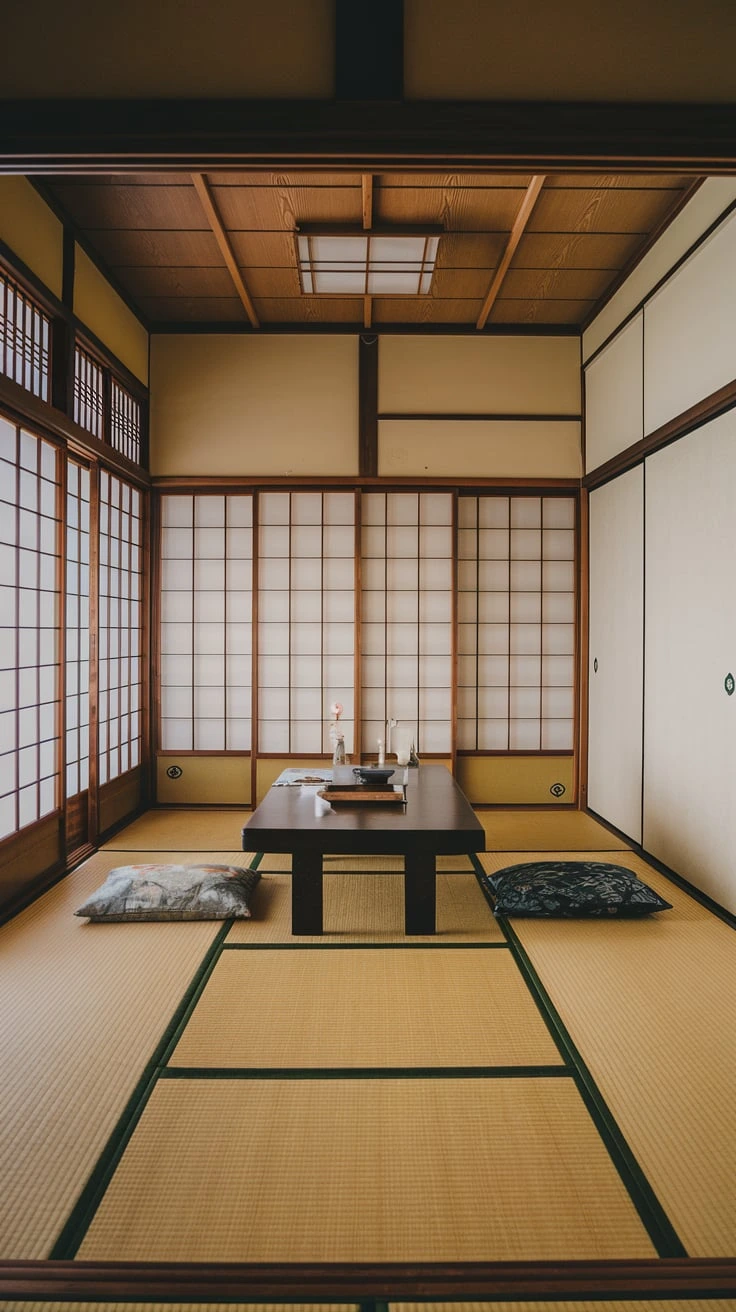 Minimalist decor, clutter-free space, Japanese aesthetics, simple design, clean lines, uncluttered interiors, zen philosophy, purposeful decorations, spacious feel, tranquil atmosphere