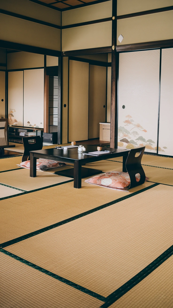 Clear floor space, Japanese room layout, uncluttered design, open plan living, minimalist furniture, zen-inspired interiors, spacious feel, easy movement, tatami flooring, serene atmosphere