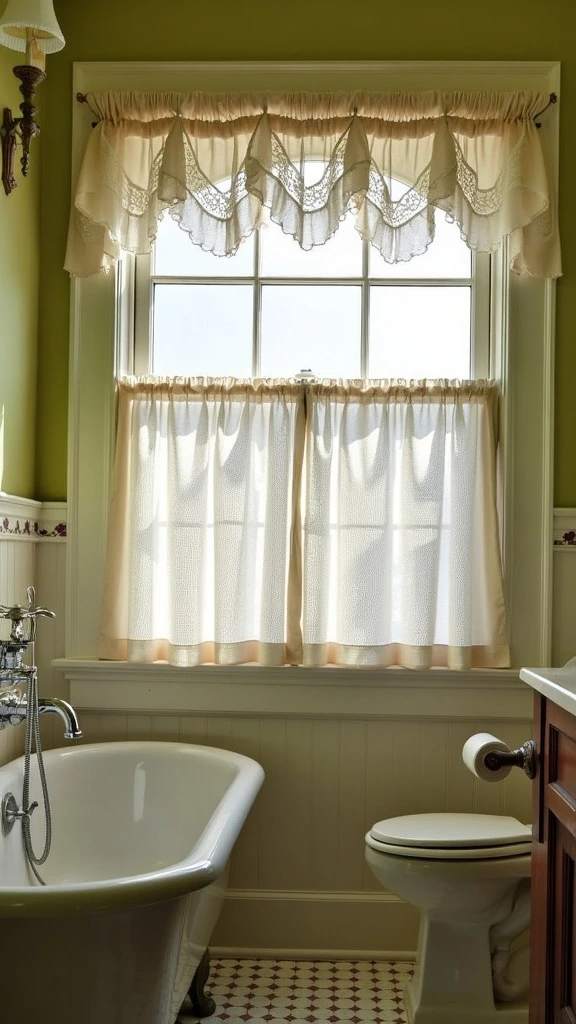 Victorian lace curtains, vintage bathroom window treatments, delicate privacy screen, period window dressing, elegant bathroom curtains, classic white lace, traditional window decor, historical interior design, romantic bathroom ambiance, ornate fabric details