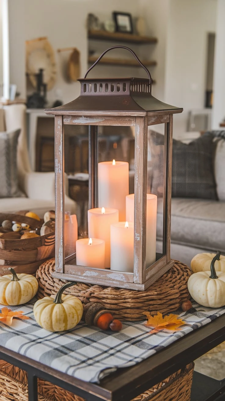 Rustic lantern fall decor aged metal distressed wood LED candles pumpkins