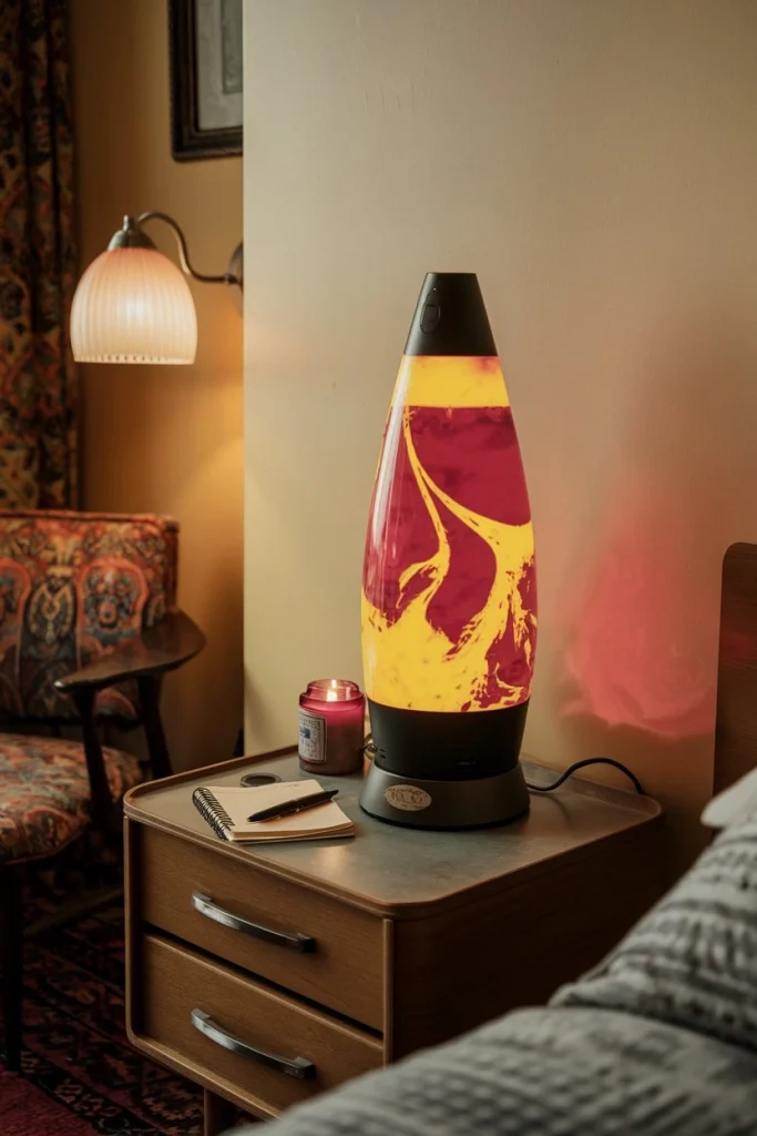 Lava lamp on nightstand, retro decor, mood lighting, 60s style, bedroom ambiance, colorful bubbles, nostalgic accessory, groovy vibes, vintage charm, relaxing glow