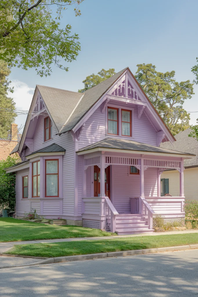 Lavender exterior, unique, whimsical, charming, unexpected, soft, dreamy, romantic, subtle, enchanting