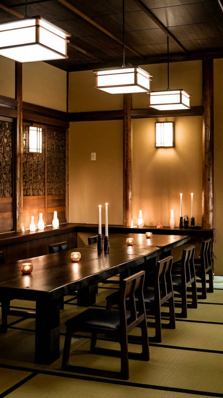 Japanese lighting design, pendant lamps, ambient lighting, mood setting, traditional lanterns, soft illumination, atmospheric dining, customizable light levels, zen-inspired lighting, cozy dining space