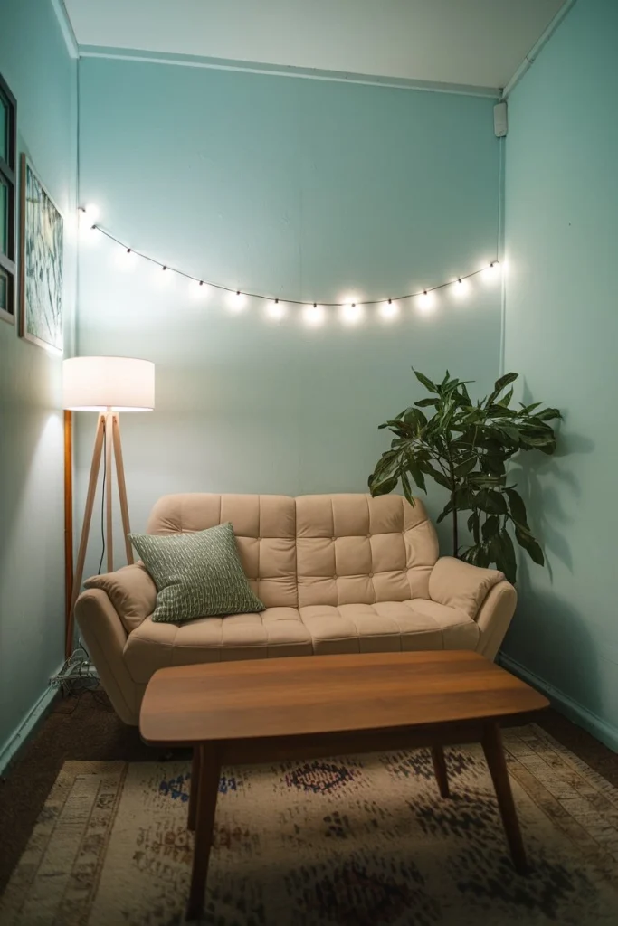 Cozy room with string lights, table lamp, ambient lighting, warm glow, mood lighting, atmospheric illumination, multi-level light sources, soft illumination, inviting space, lighting design