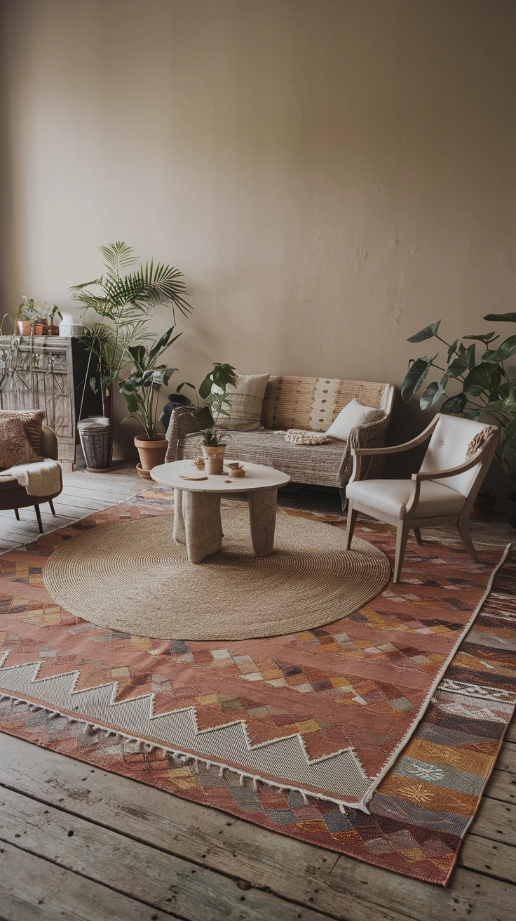 Layered rugs boho technique warmth rustic wood floors texture pattern