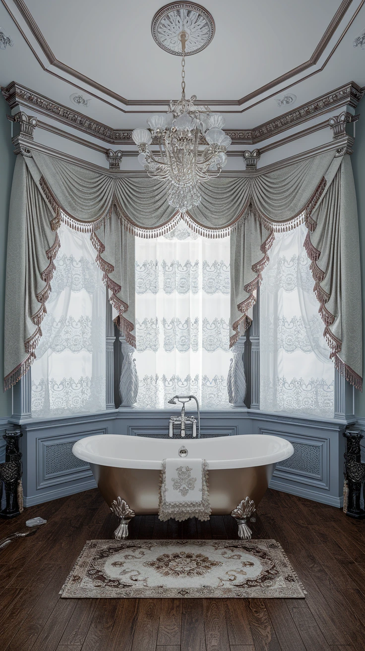 Layered window treatments, Victorian curtain styles, luxury bathroom drapes, vintage-inspired window decor, elegant privacy solutions, period-appropriate fabrics, classic window dressing, ornate curtain designs, sophisticated window coverings, historical authenticity